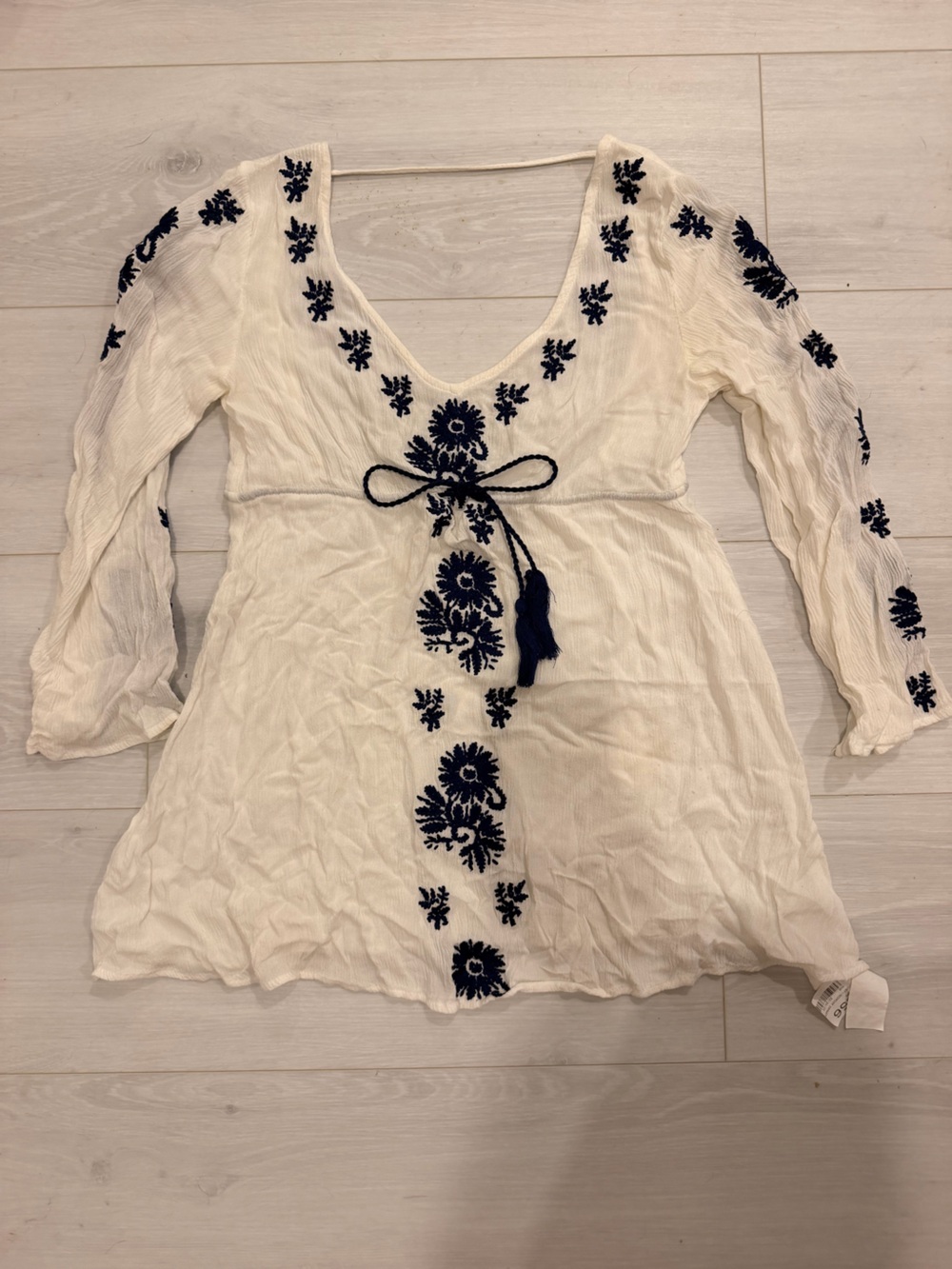 Millau Cream Top with Navy Floral Embroidery